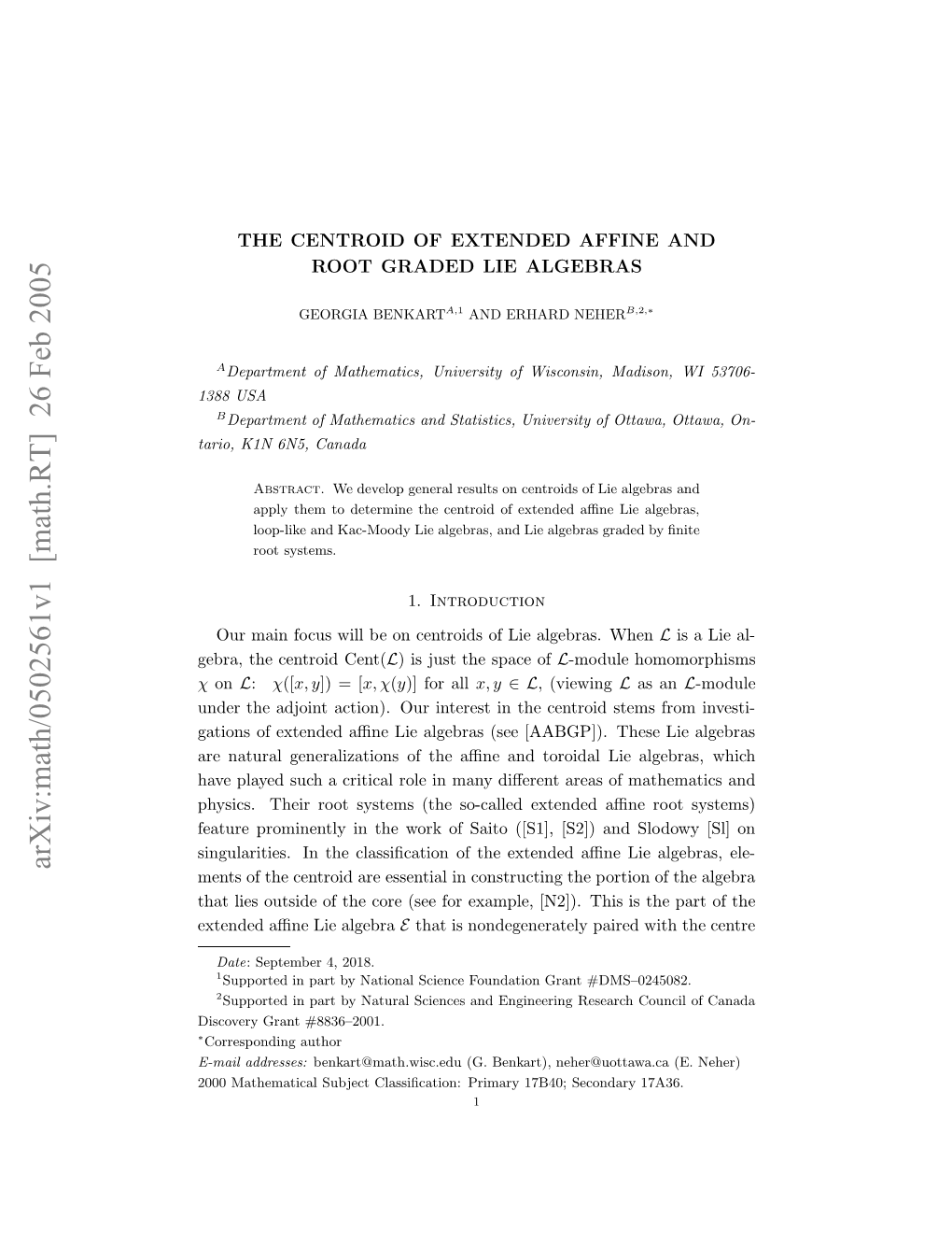 Arxiv:Math/0502561V1 [Math.RT] 26 Feb 2005 00Mteaia Ujc Lsicto:Piay1b0 S 17B40; Primary Classiﬁcation: Subject Mathematical 2000 Addresses: E-Mail ∗ #8836–2001