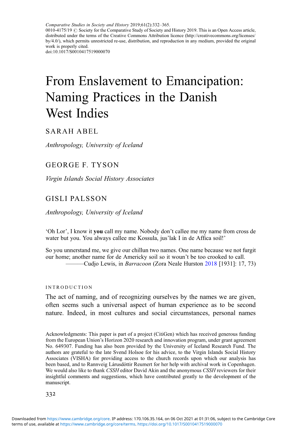 From Enslavement to Emancipation: Naming Practices in the Danish West Indies