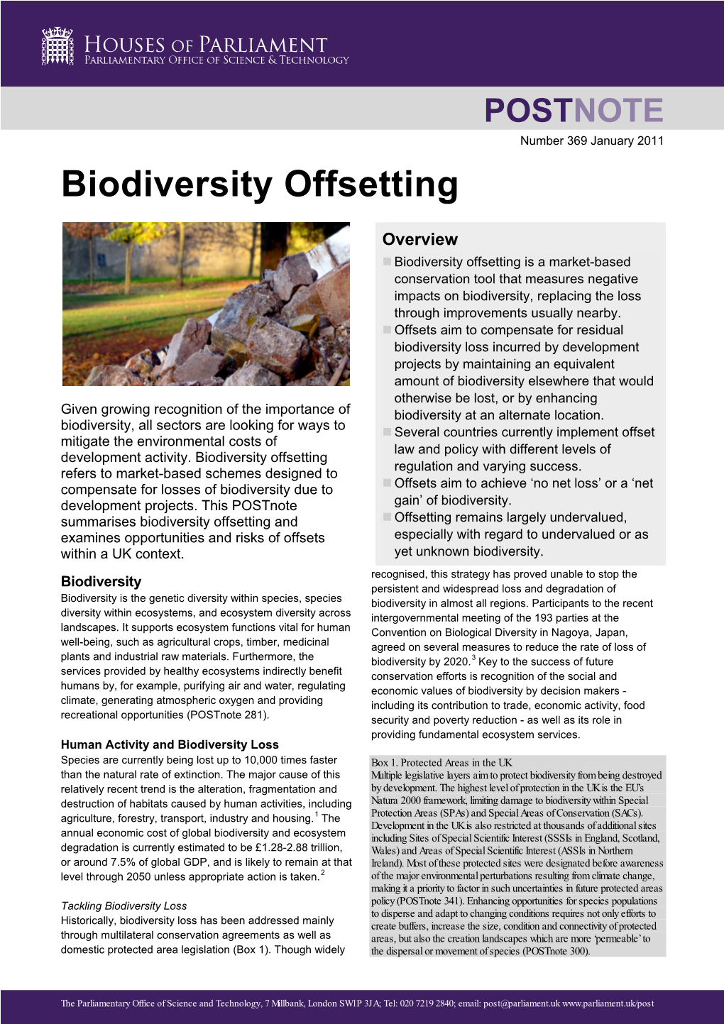 Postnote 369 'Biodiversity Offsetting'