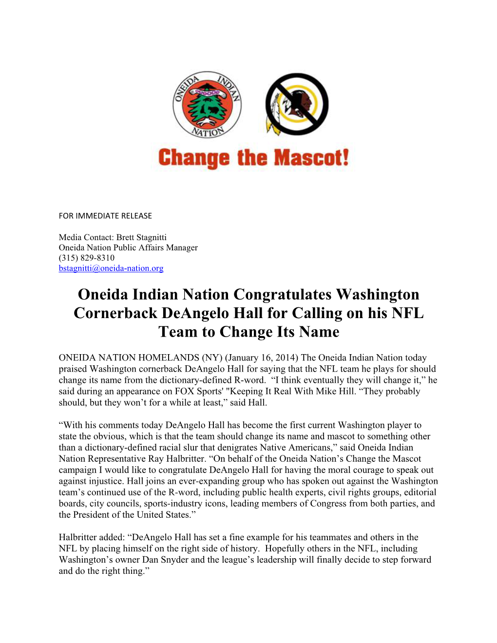 Oneida Indian Nation Congratulates Washington Cornerback Deangelo Hall for Calling on His NFL Team to Change Its Name