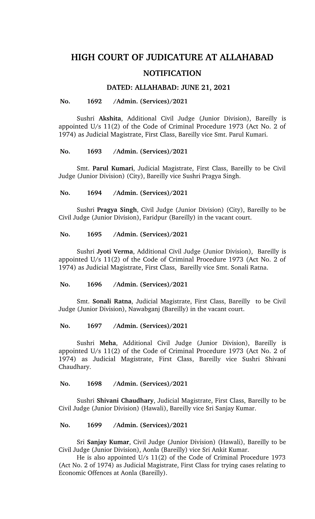 High Court of Judicature at Allahabad Notification Dated: Allahabad: June 21, 2021