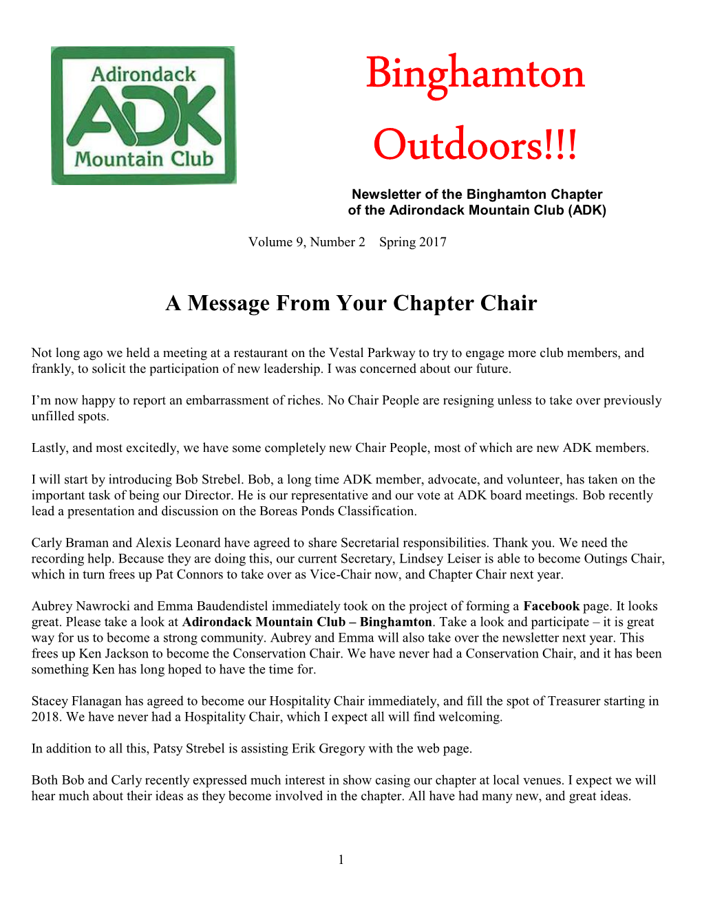 Binghamton Outdoors!!! Newsletter of the Binghamton Chapter of the Adirondack Mountain Club (ADK)