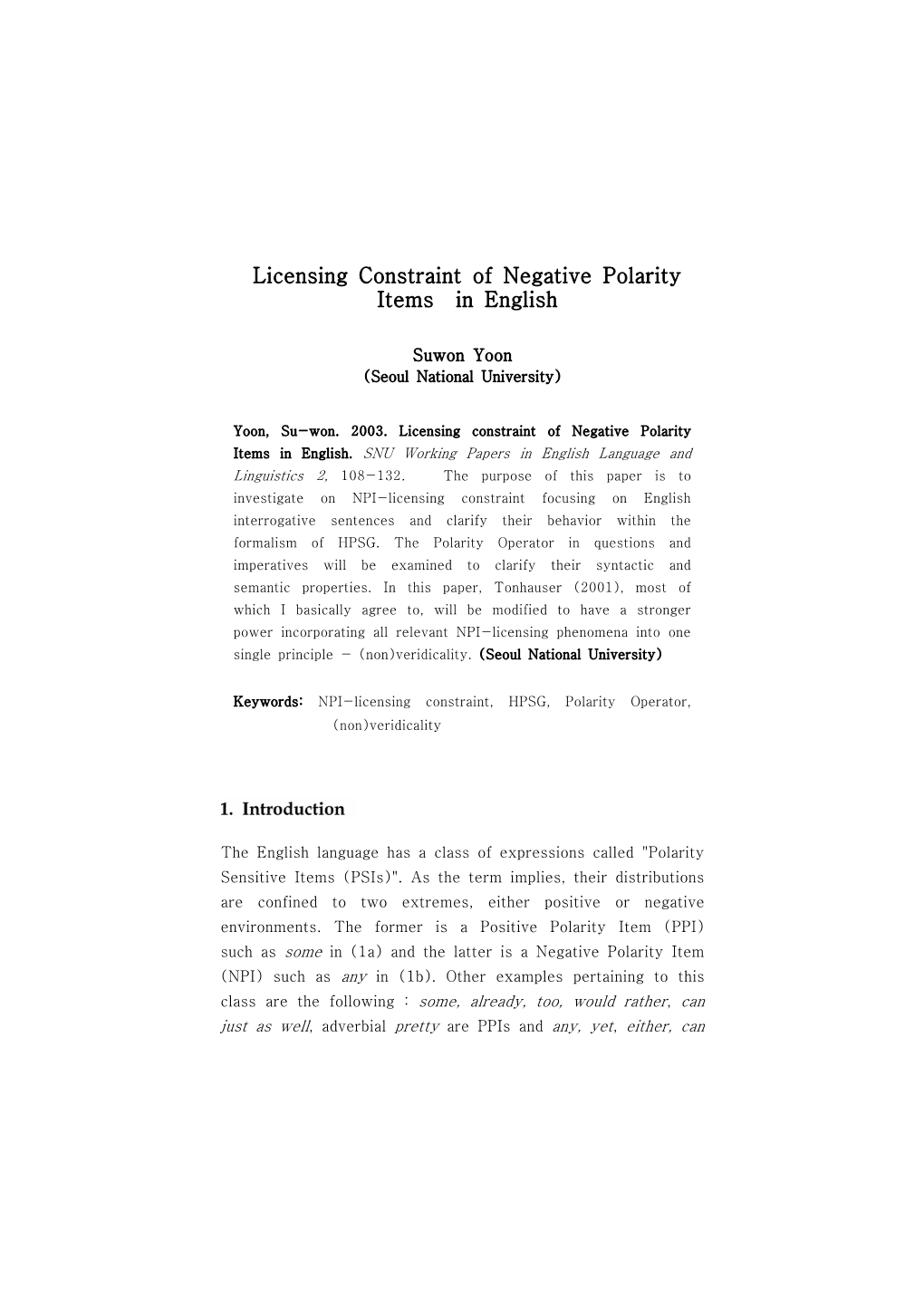 Licensing Constraint of Negative Polarity Items in English