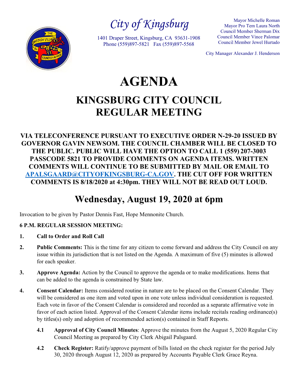 Agenda Kingsburg City Council Regular Meeting