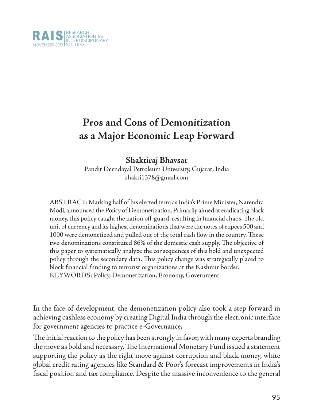 PDF Pros and Cons of Demonitization As a Major Economic Leap Forward