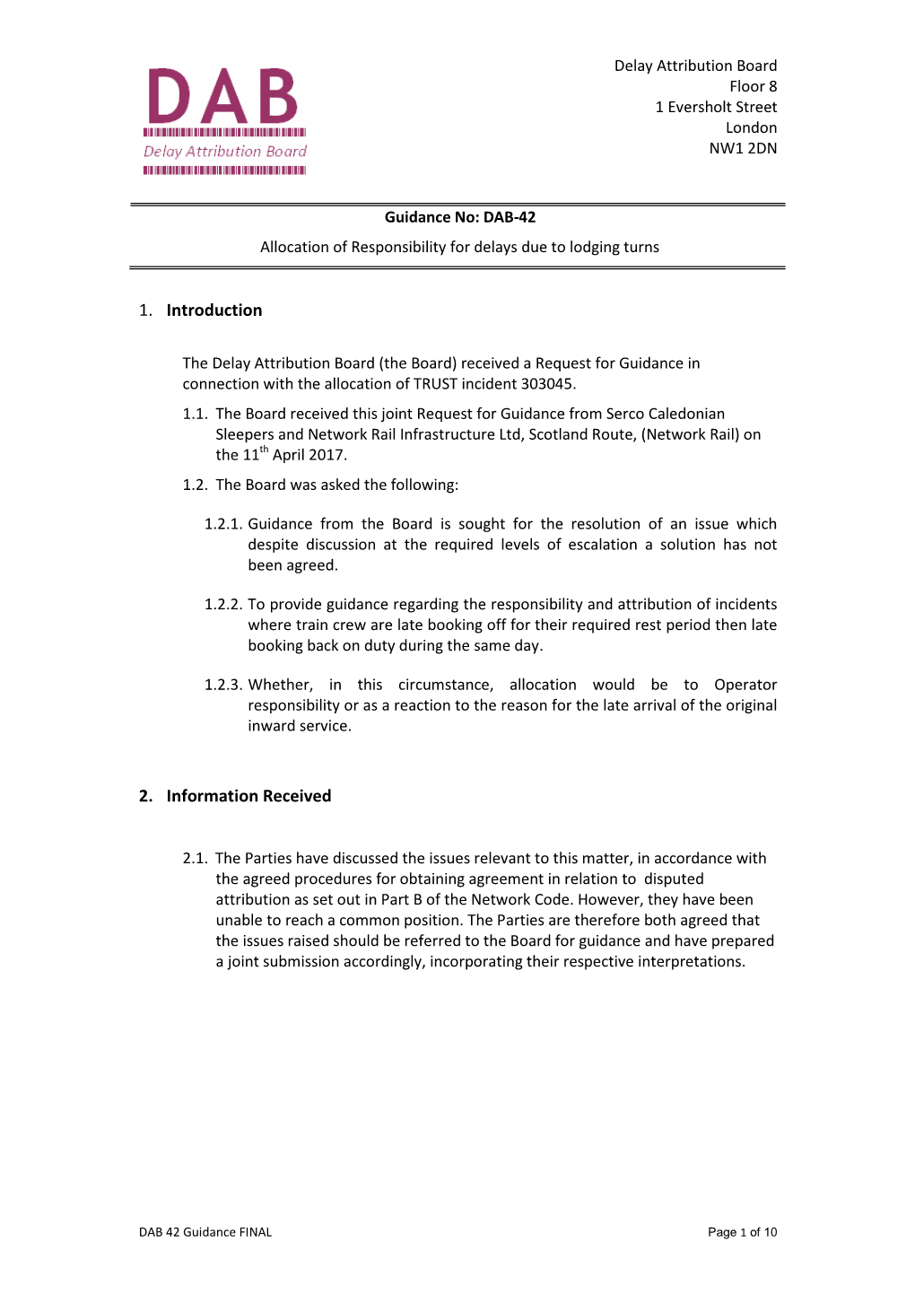 DAB-42 Allocation of Responsibility for Delays Due to Lodging Turns