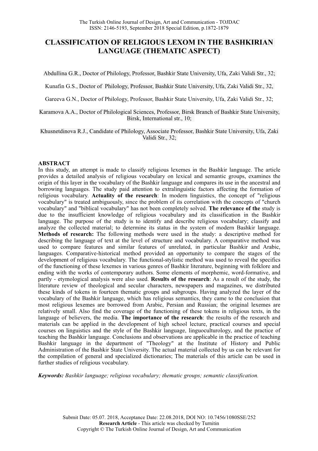 Classification of Religious Lexom in the Bashkirian Language (Thematic Aspect)