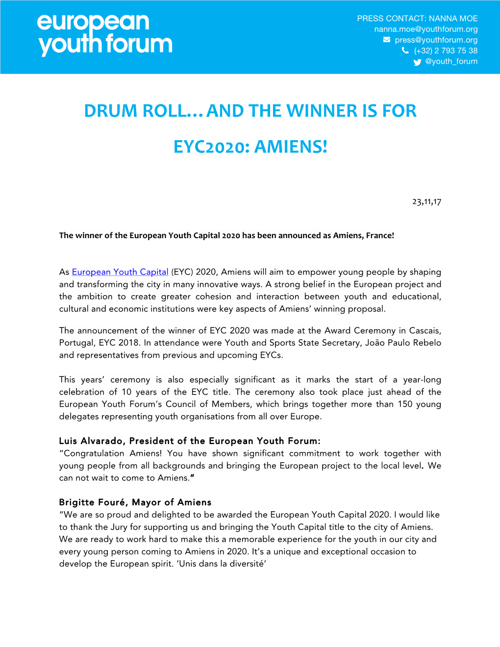 Drum Roll…And the Winner Is for Eyc2020: Amiens!