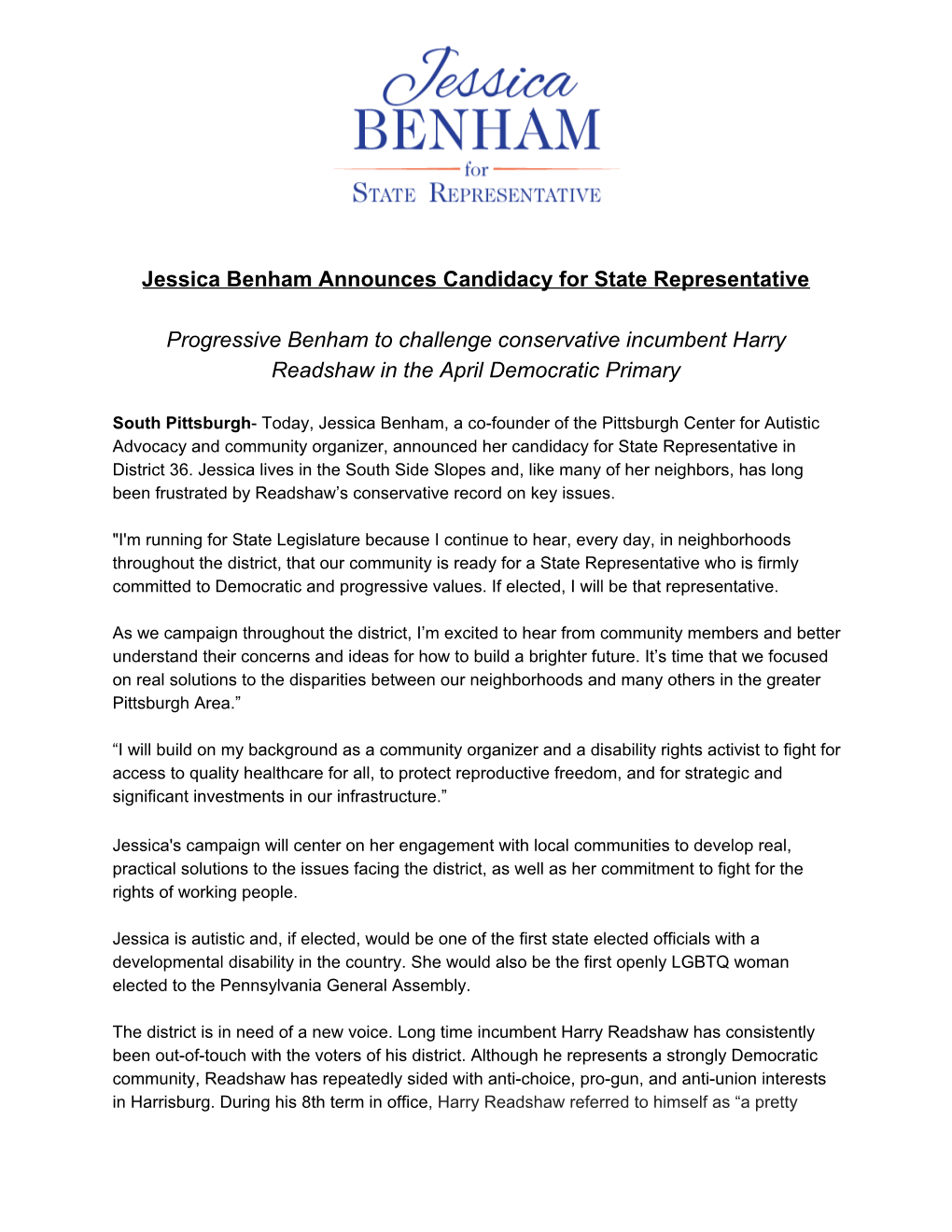 Jessica Benham Announces Candidacy for State Representative