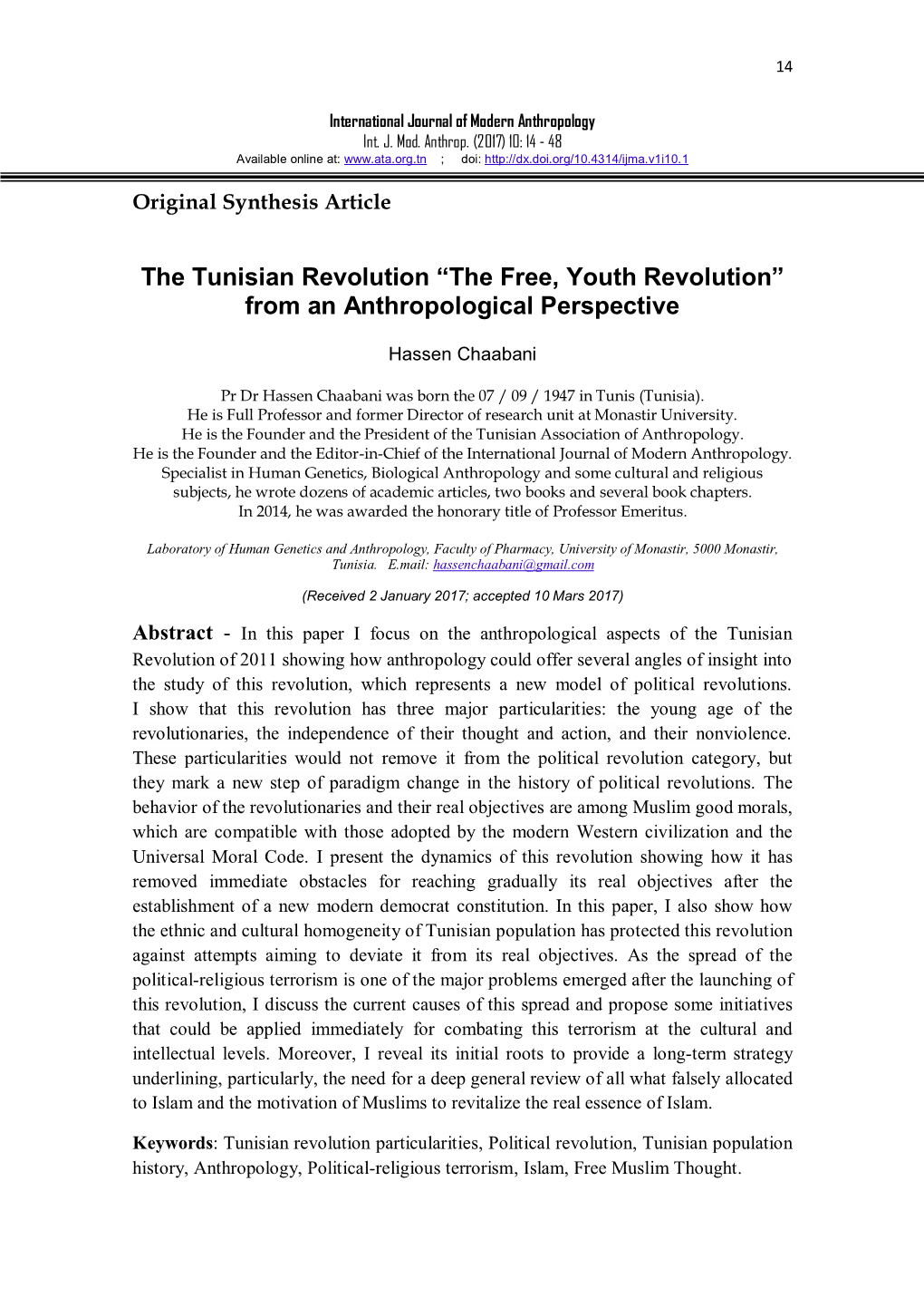 The Tunisian Revolution “The Free, Youth Revolution” from an Anthropological Perspective