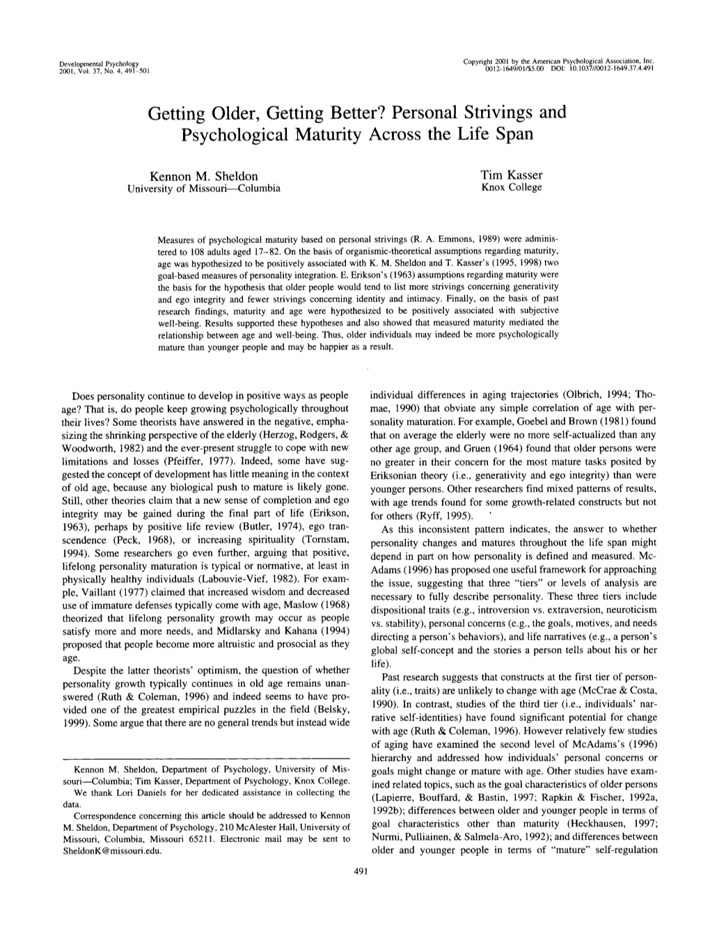 Getting Older, Getting Better? Personal Strivings and Psychological Maturity Across the Life Span