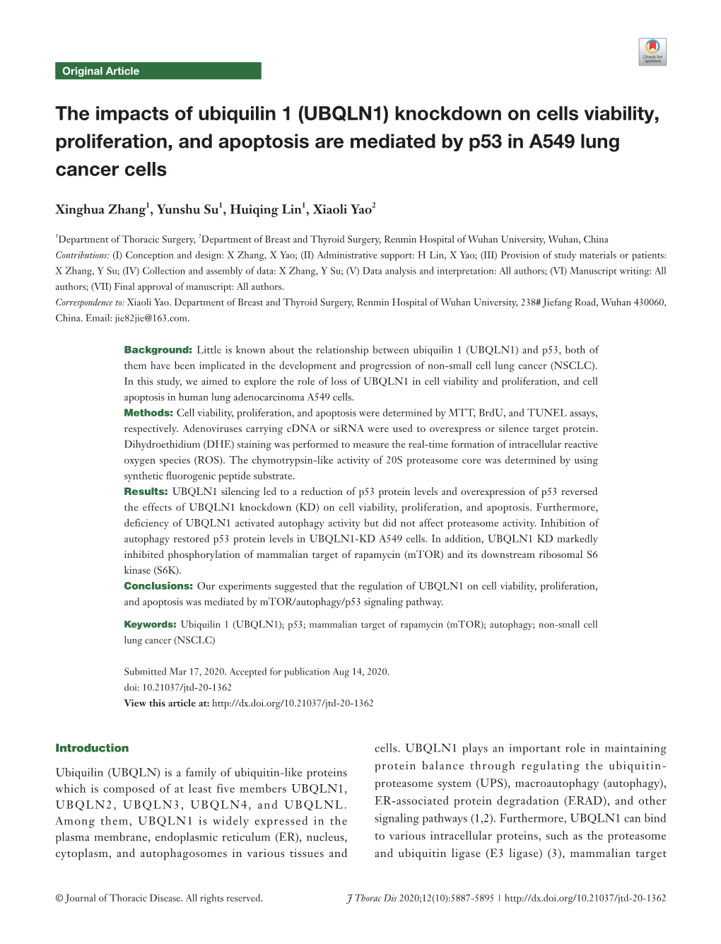 The Impacts of Ubiquilin 1 (UBQLN1) Knockdown on Cells Viability, Proliferation, and Apoptosis Are Mediated by P53 in A549 Lung Cancer Cells