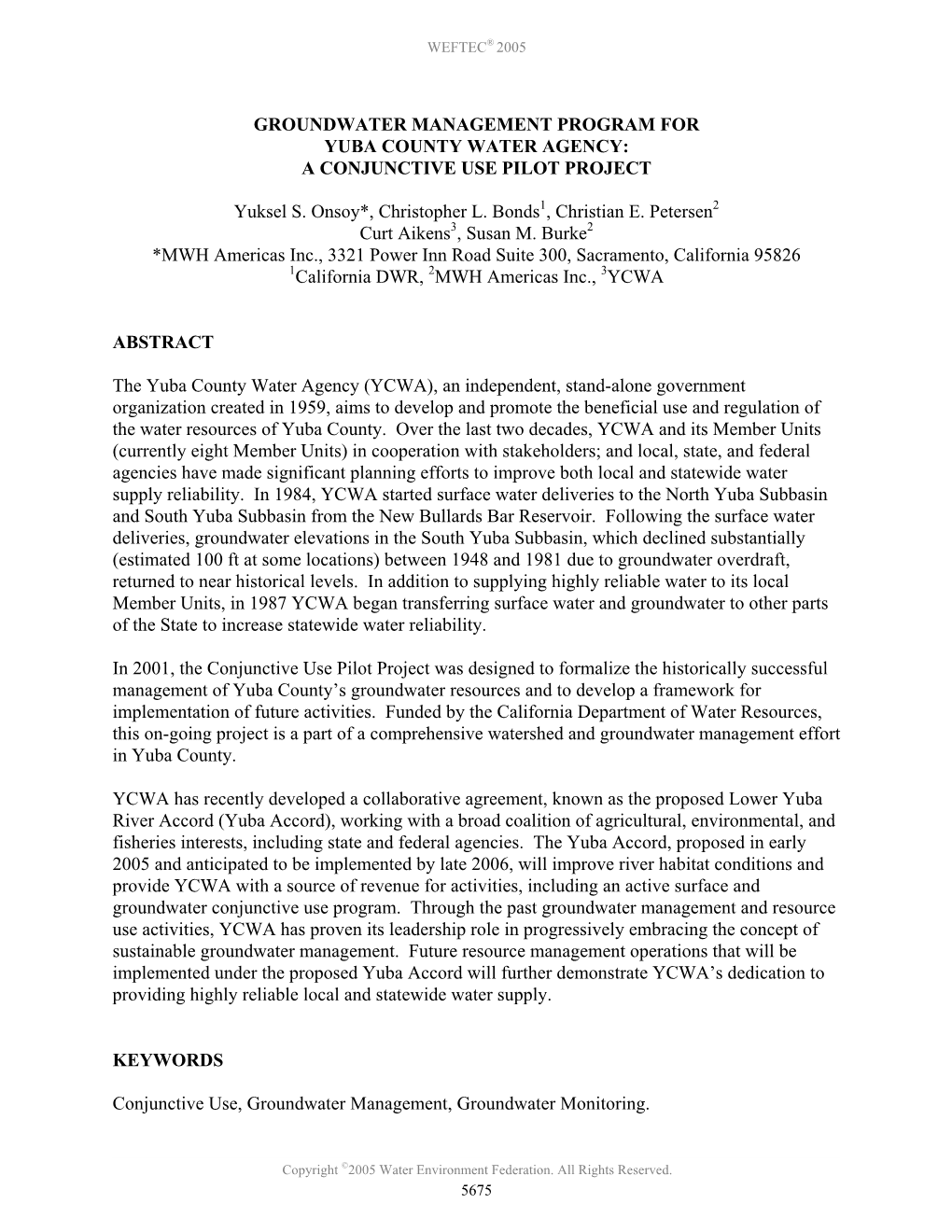 Groundwater Management Program for Yuba County Water Agency: a Conjunctive Use Pilot Project