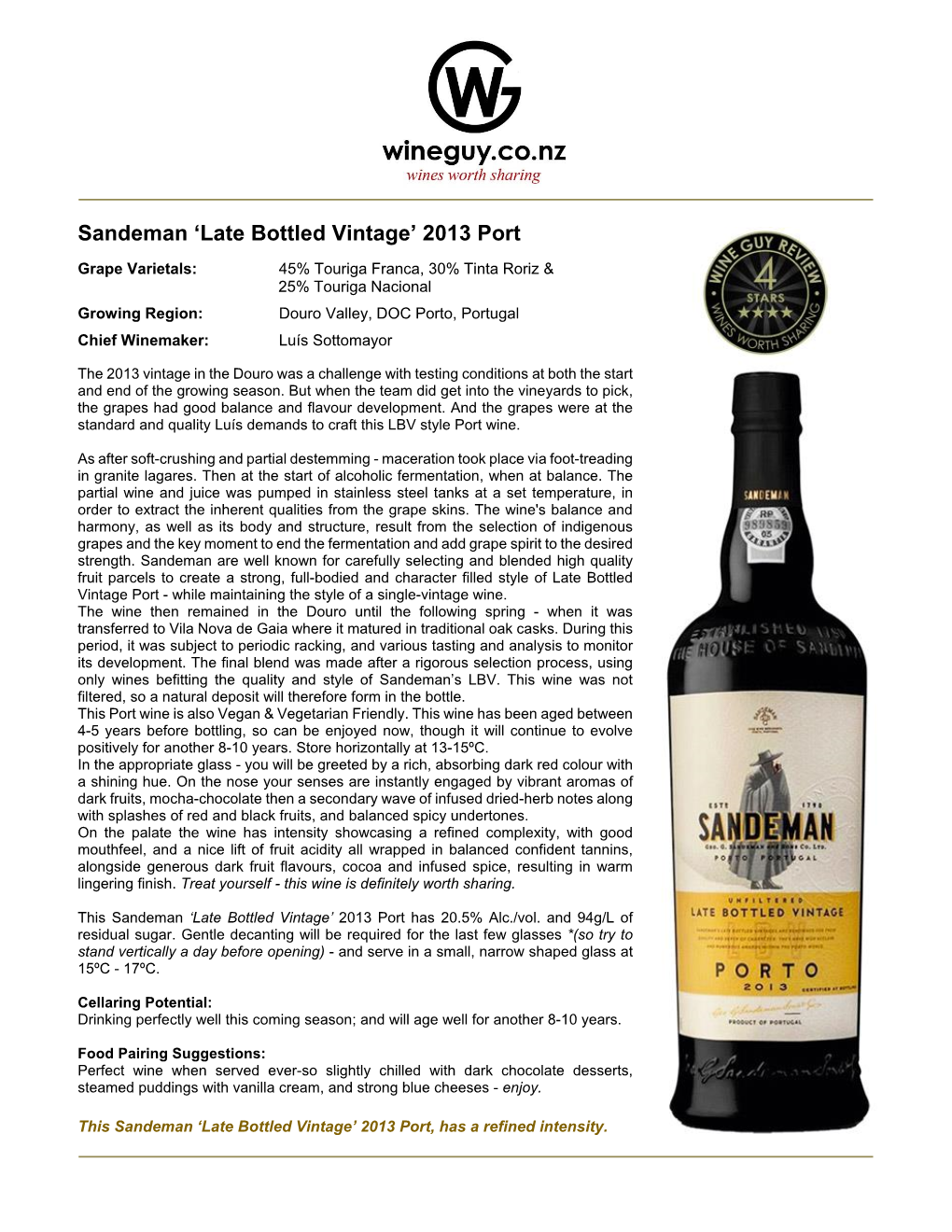 Sandeman 'Late Bottled Vintage' 2013 Port