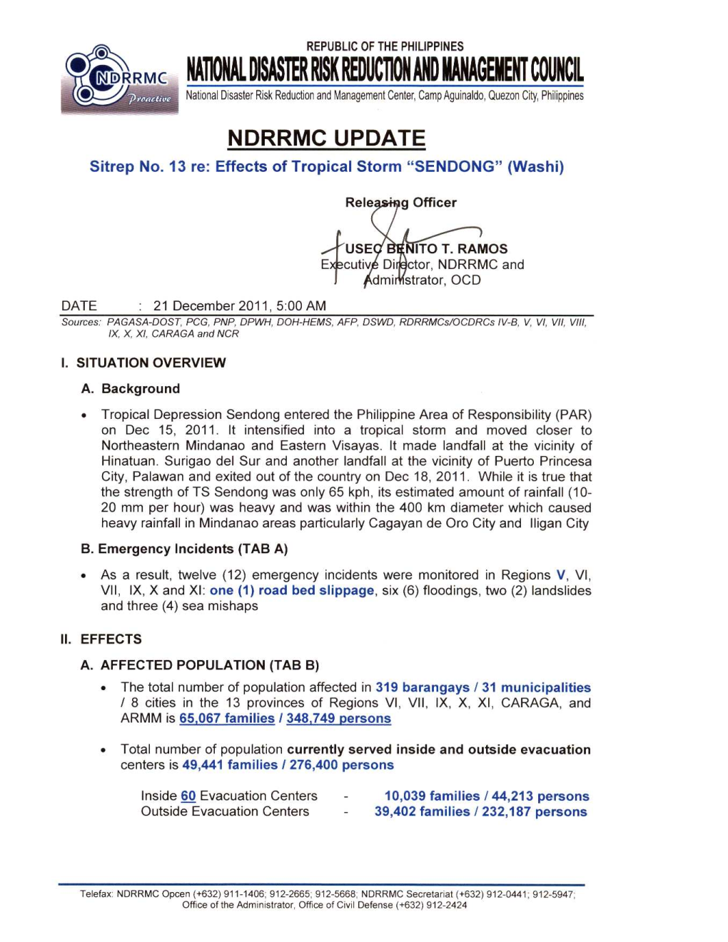 NDRRMC UPDATE Sitrep No 13 Re Effects of TS SENDONG