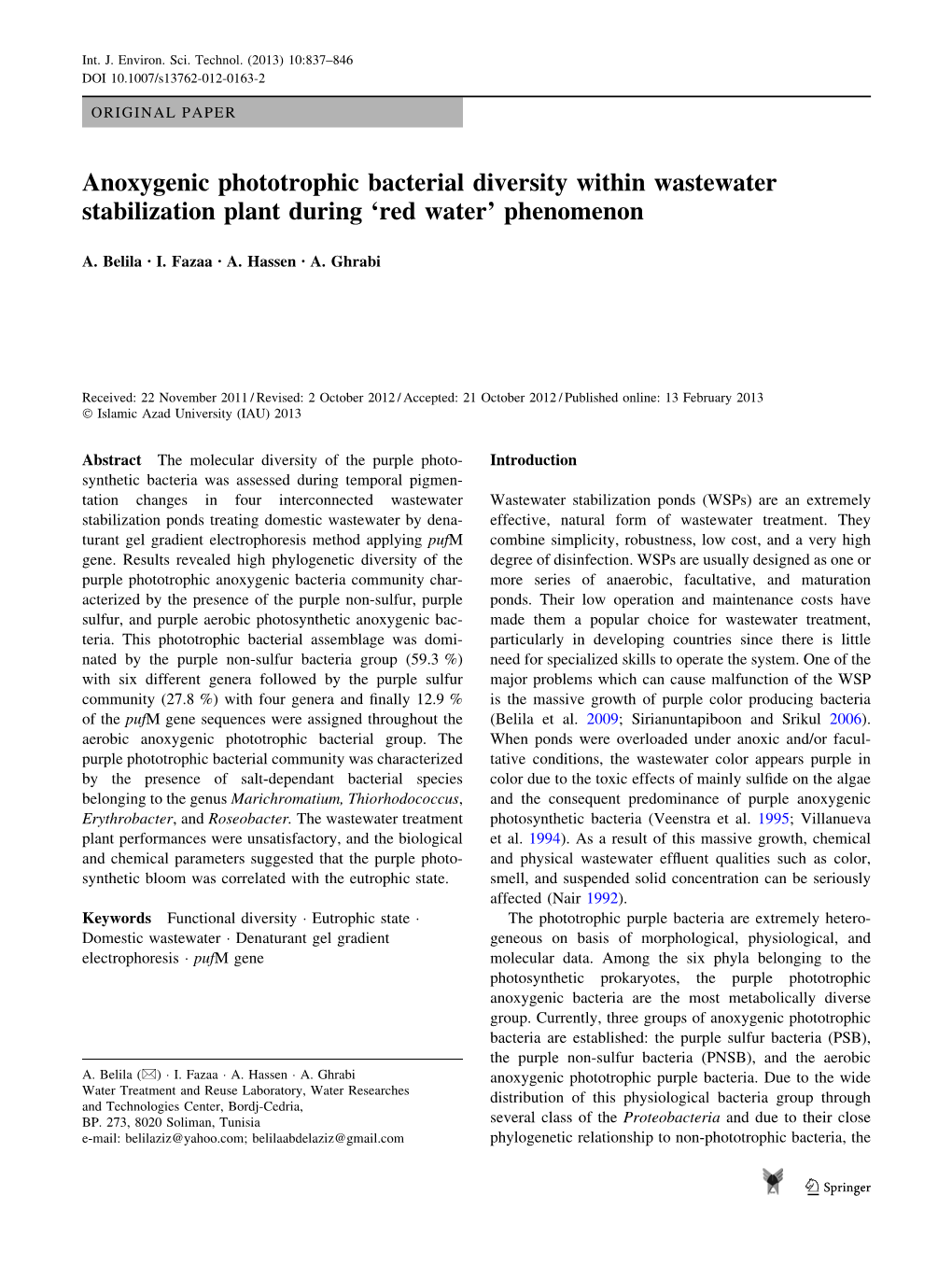 Anoxygenic Phototrophic Bacterial Diversity Within Wastewater Stabilization Plant During ‘Red Water’ Phenomenon