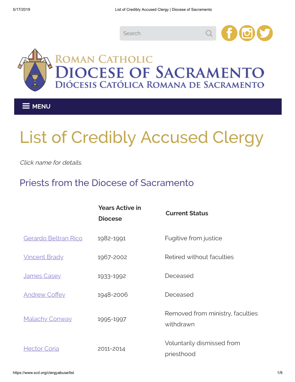 List of Credibly Accused Clergy | Diocese of Sacramento