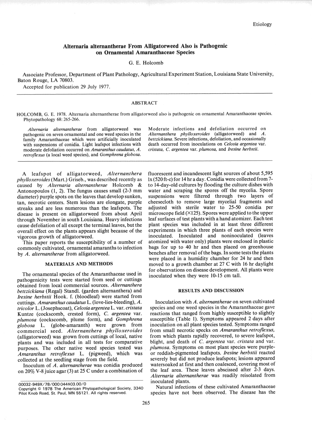 Alternaria Alternantherae from Alligatorweed Also Is Pathogenic on Ornamental Amaranthaceae Species G