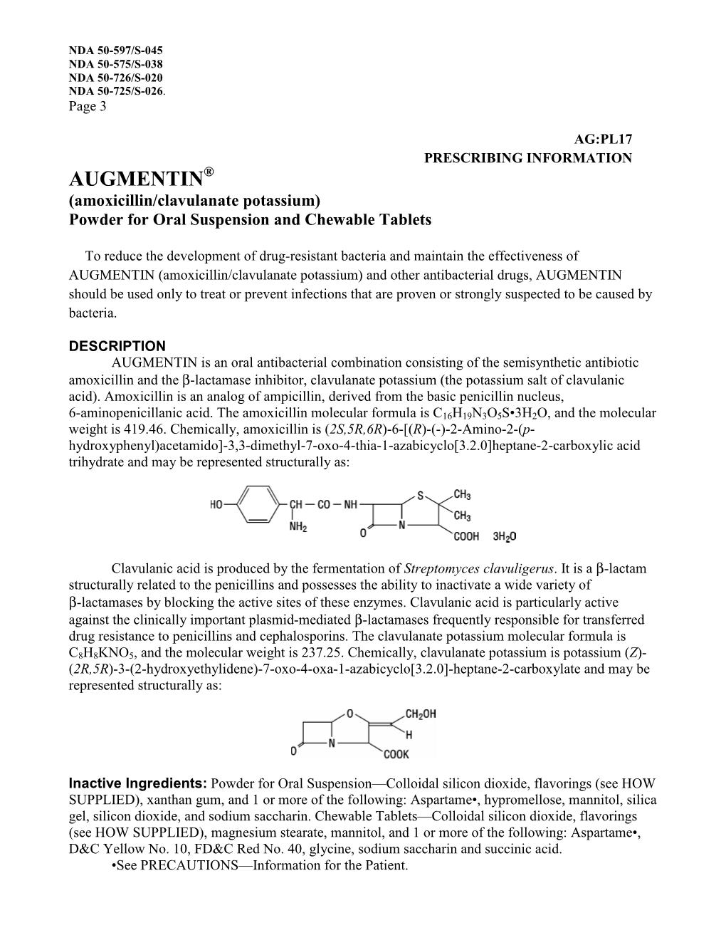 AUGMENTIN® (Amoxicillin/Clavulanate Potassium) Powder for Oral Suspension and Chewable Tablets