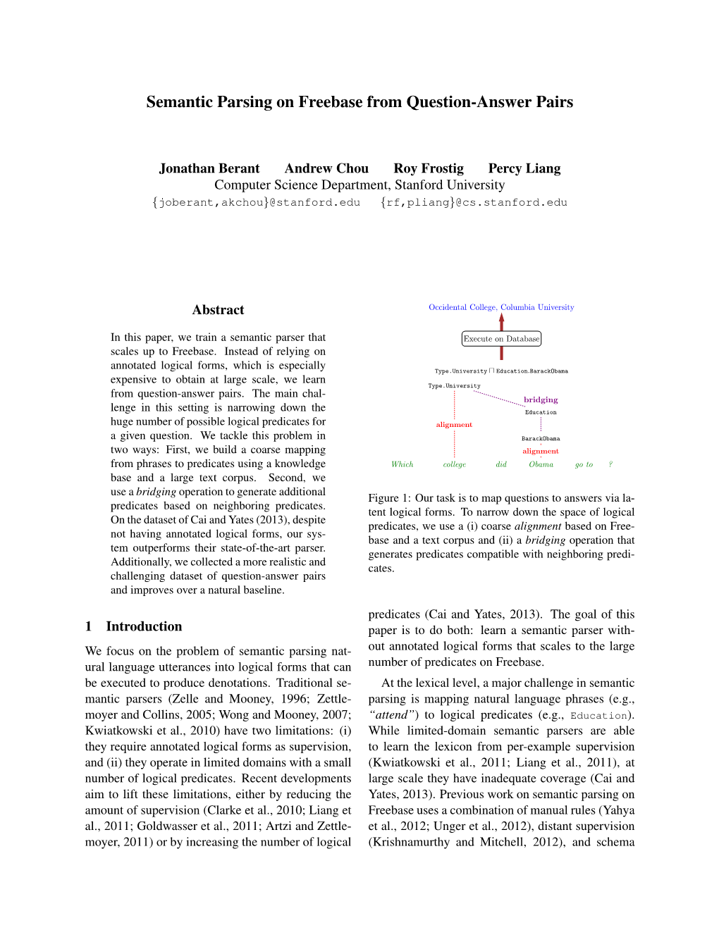 Semantic Parsing on Freebase from Question-Answer Pairs