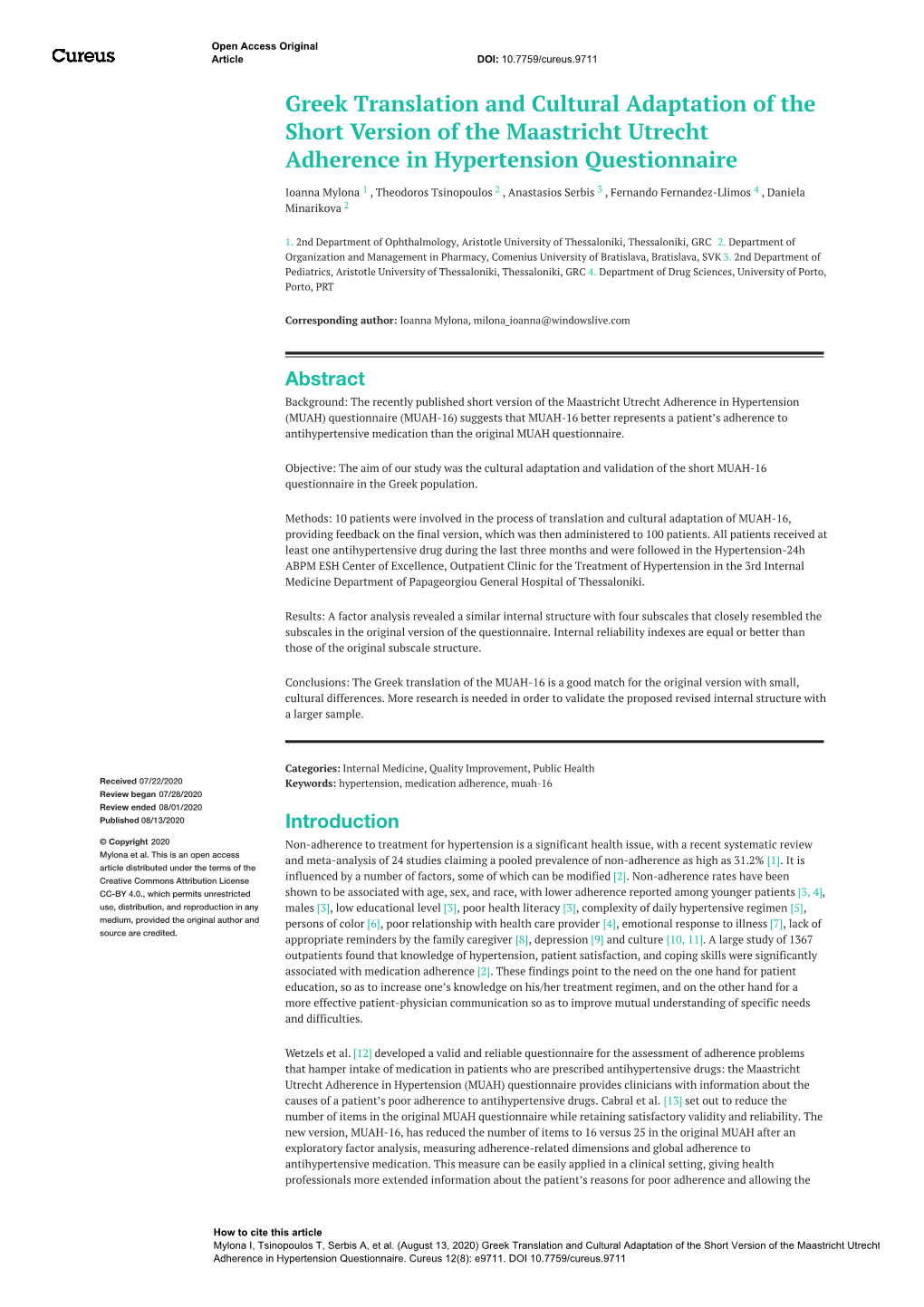 Greek Translation and Cultural Adaptation of the Short Version of the Maastricht Utrecht Adherence in Hypertension Questionnaire