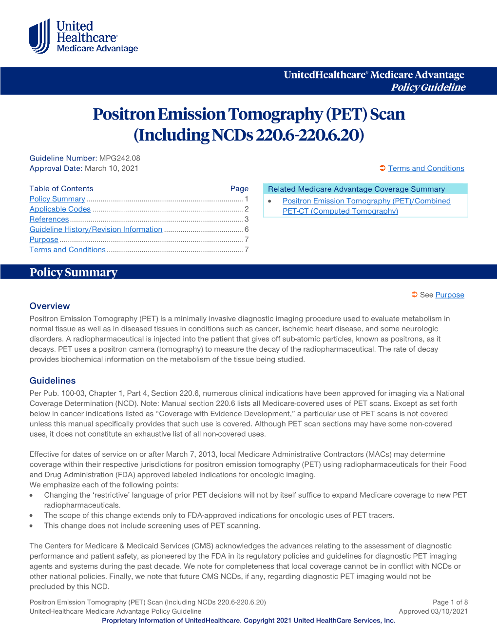 Positron Emission Tomography (PET) Scan (Including Ncds 220.6-220.6.20) – Medicare Advantage Policy Guideline