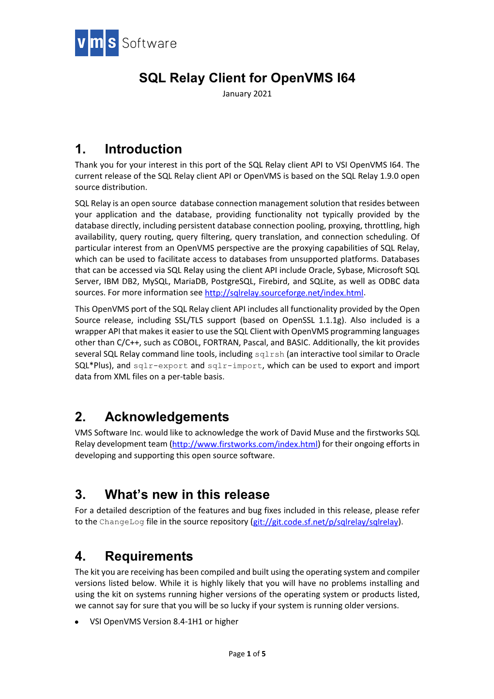 SQL Relay Client for Openvms I64 January 2021