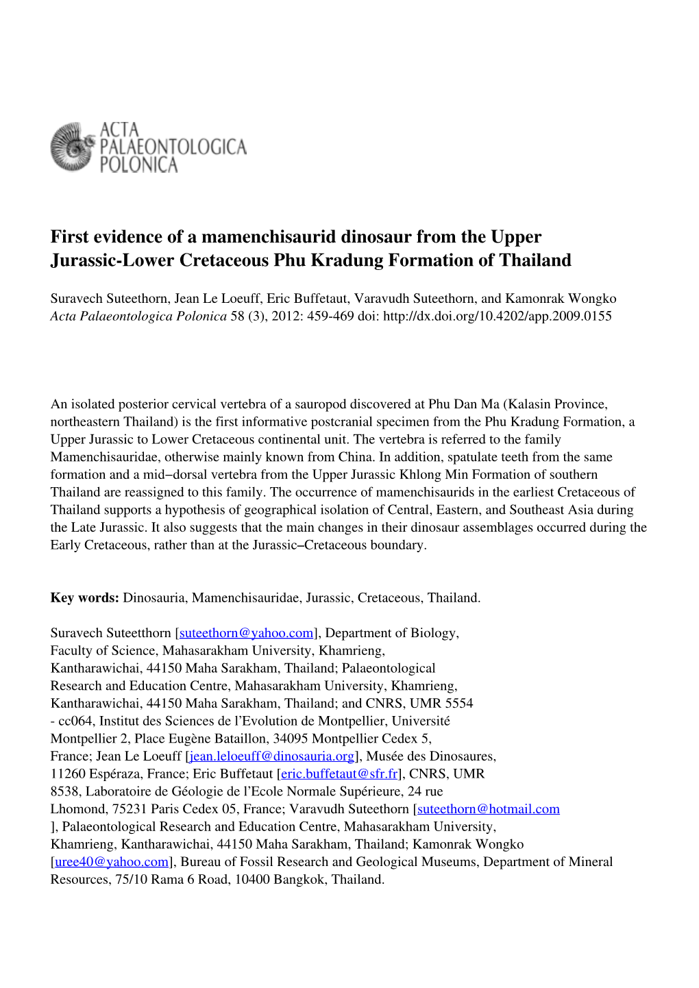 First Evidence of a Mamenchisaurid Dinosaur from the Upper Jurassic-Lower Cretaceous Phu Kradung Formation of Thailand