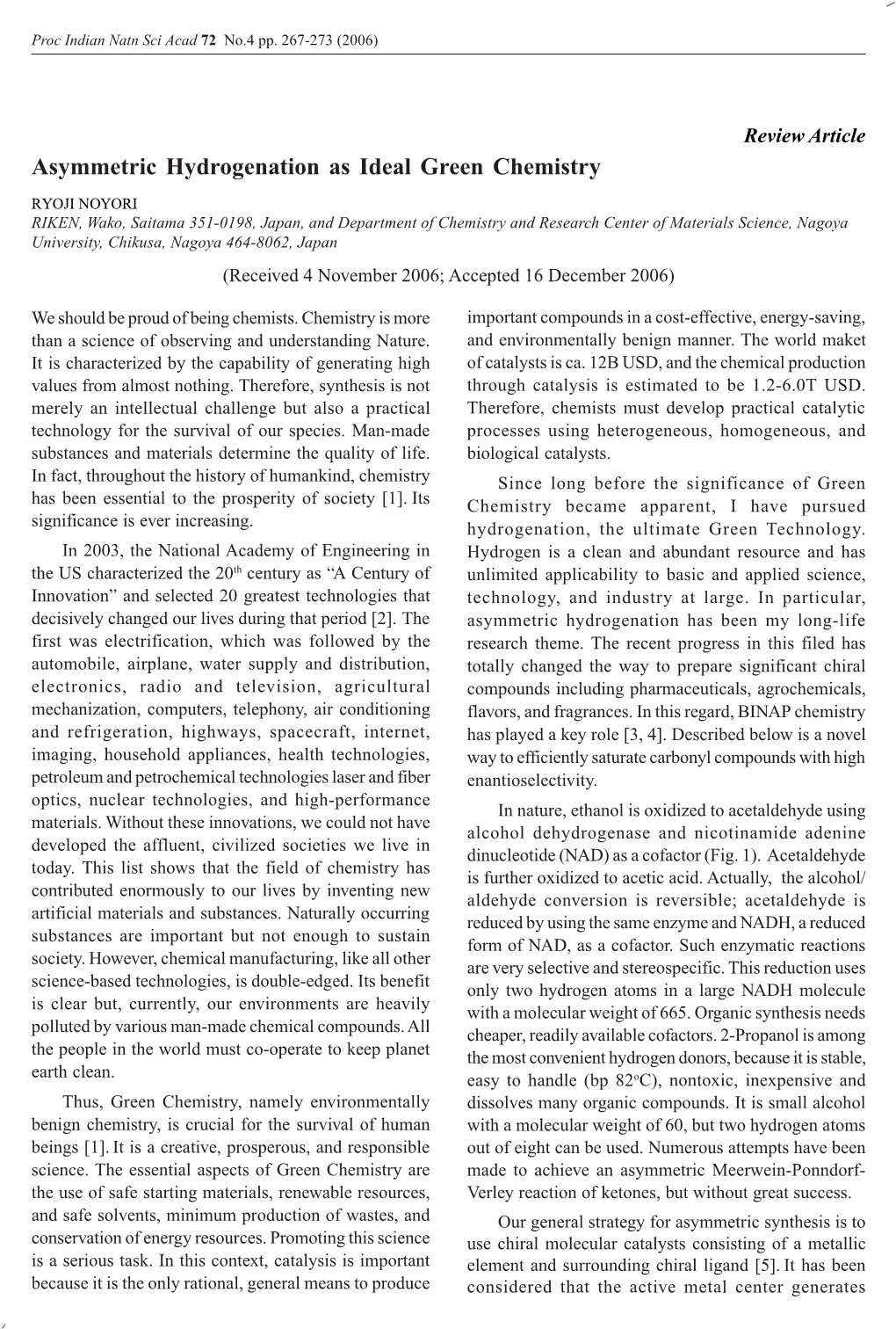 Asymmetric Hydrogenation As Ideal Green Chemistry