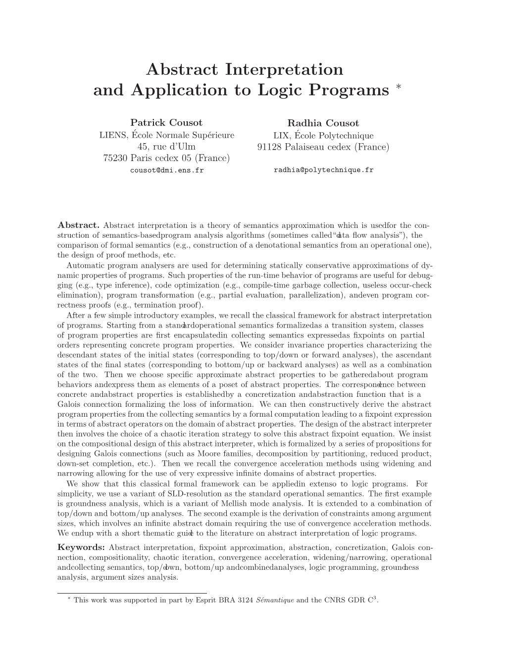 Abstract Interpretation and Application to Logic Programs ∗