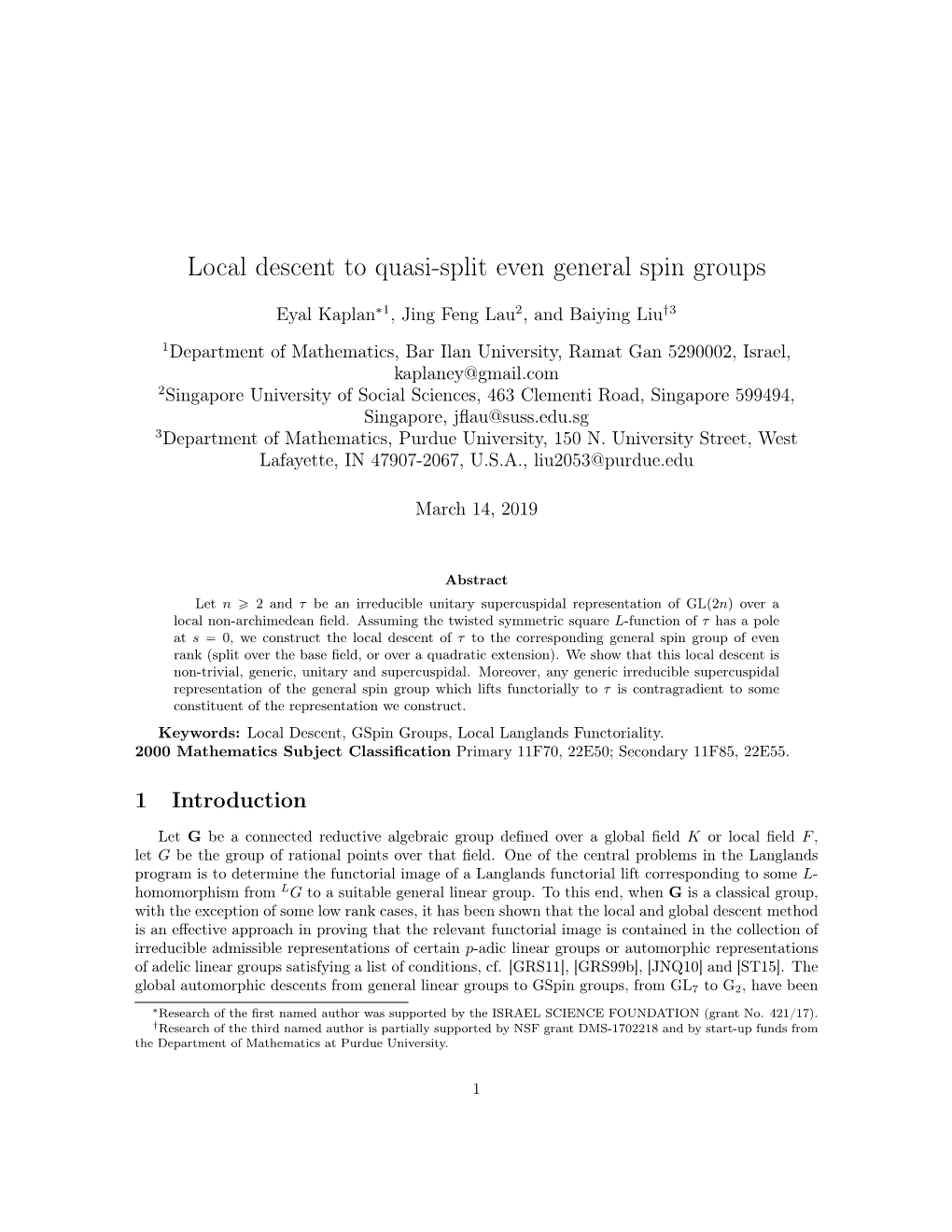 Local Descent to Quasi-Split Even General Spin Groups