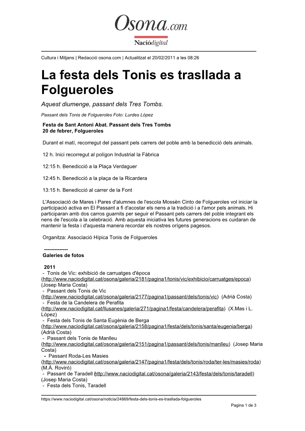 La Festa Dels Tonis Es Trasllada a Folgueroles Aquest Diumenge, Passant Dels Tres Tombs