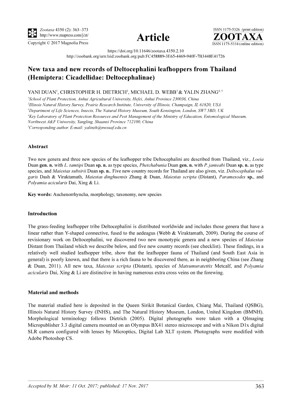 New Taxa and New Records of Deltocephalini Leafhoppers from Thailand (Hemiptera: Cicadellidae: Deltocephalinae)