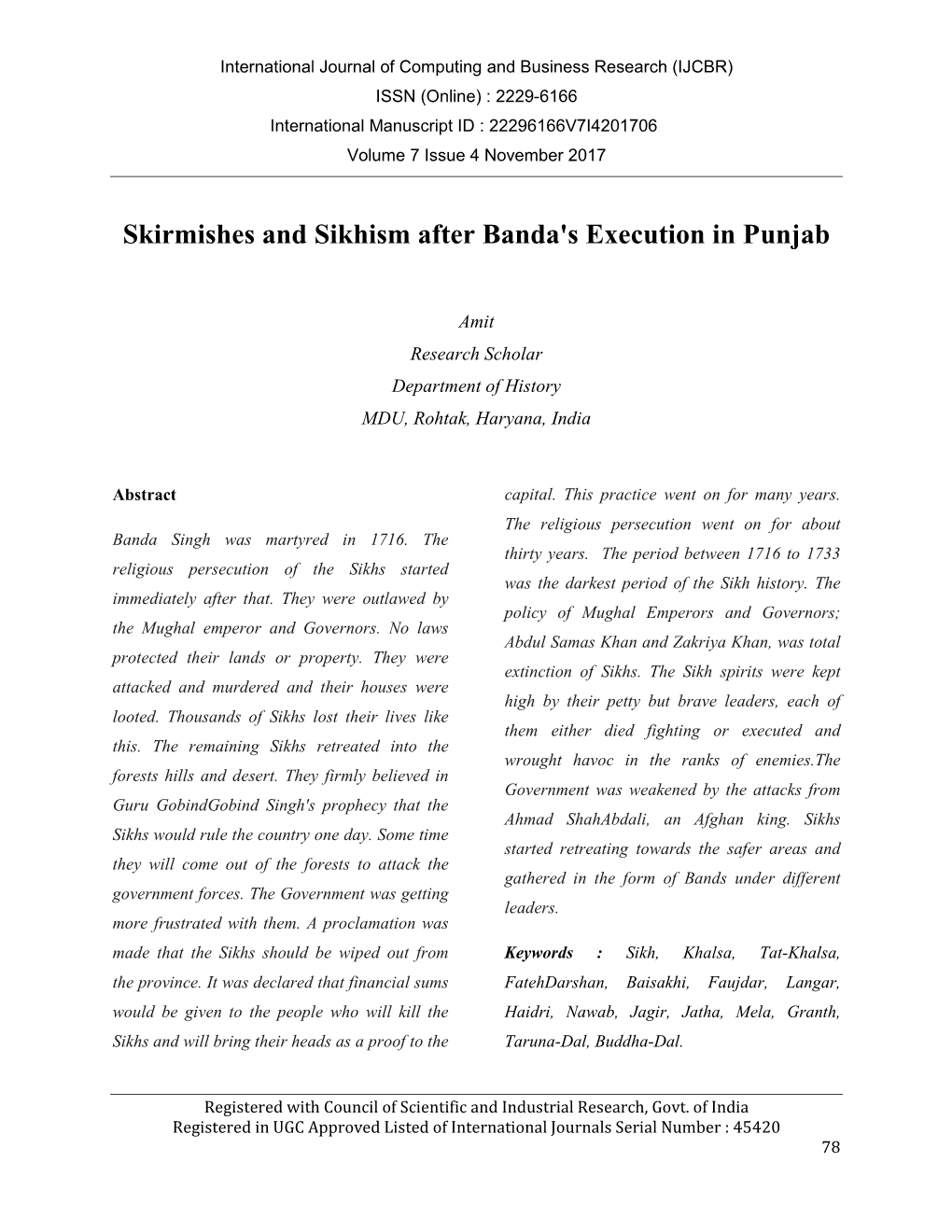 Skirmishes and Sikhism After Banda's Execution in Punjab
