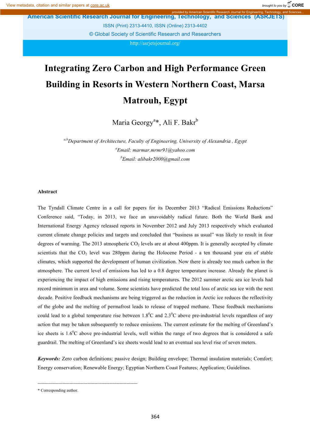 Integrating Zero Carbon and High Performance Green Building in Resorts in Western Northern Coast, Marsa Matrouh, Egypt