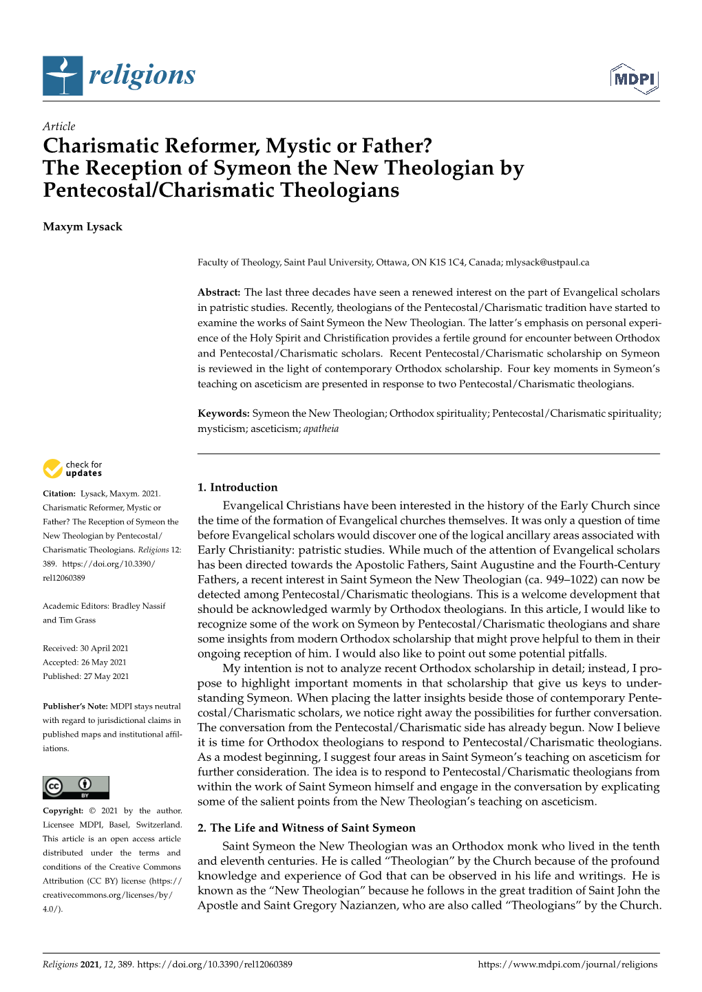 The Reception of Symeon the New Theologian by Pentecostal/Charismatic Theologians