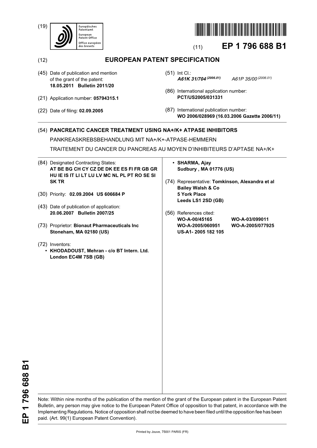 Pancreatic Cancer Treatment Using Na+/K+ Atpase