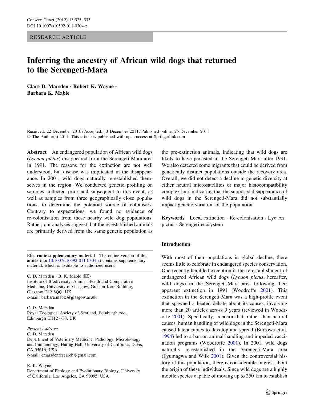 Inferring the Ancestry of African Wild Dogs That Returned to the Serengeti-Mara