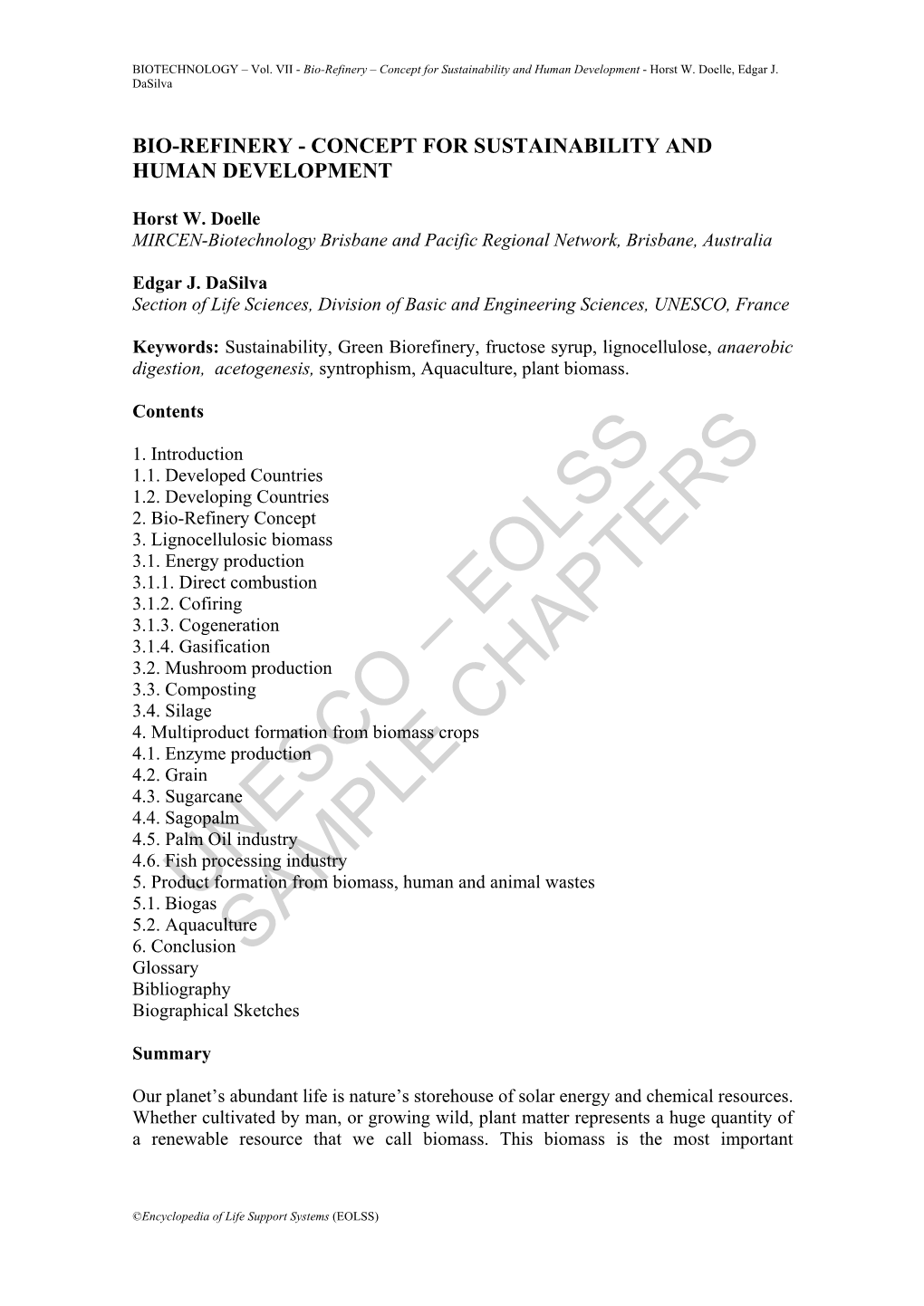 Bio-Refinery – Concept for Sustainability and Human Development - Horst W