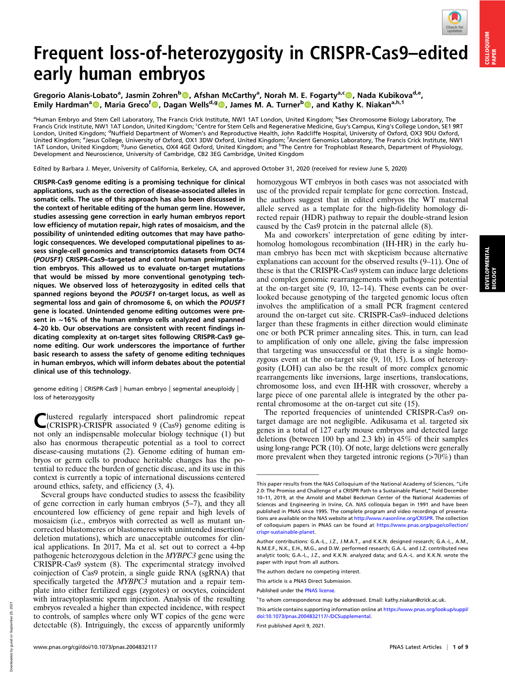 Frequent Loss-Of-Heterozygosity in CRISPR-Cas9–Edited Early Human Embryos