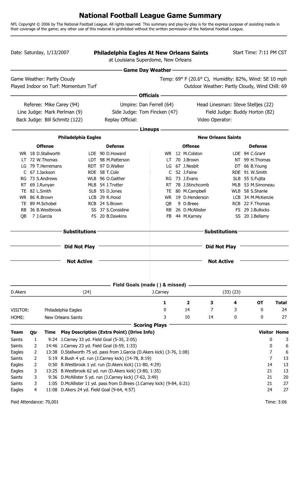 Philadelphia Eagles at New Orleans Saints Start Time: 7:11 PM CST at Louisiana Superdome, New Orleans