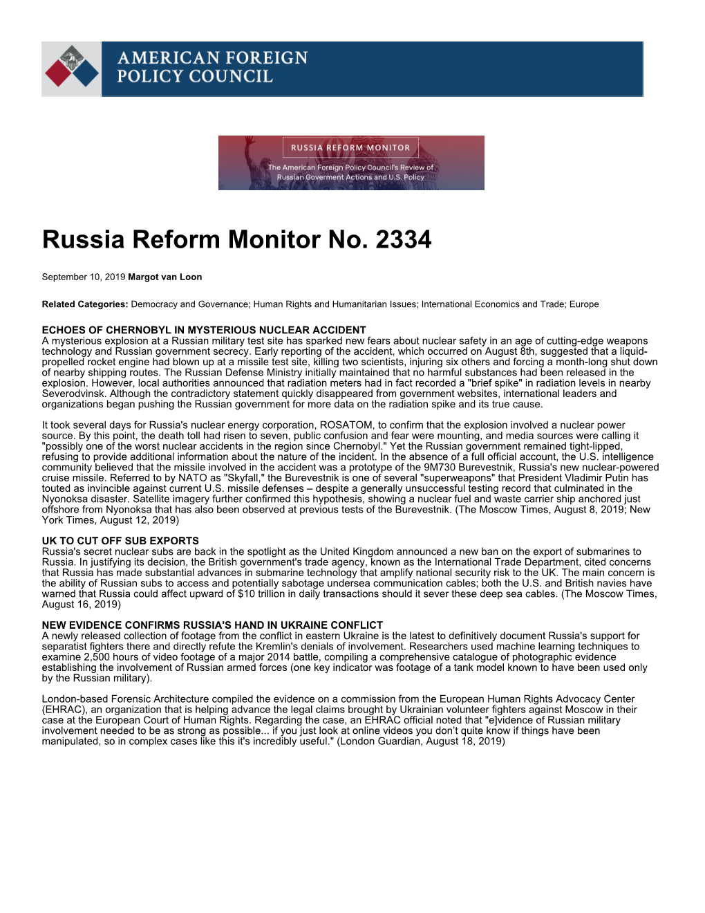 Russia Reform Monitor No. 2334 | American Foreign Policy Council