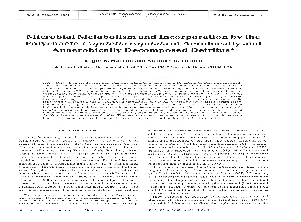 Microbial Metabolism and Incorporation by the Polychaete Capitella Capitata of Aerobically and Anaerobically Decomposed Detritus*