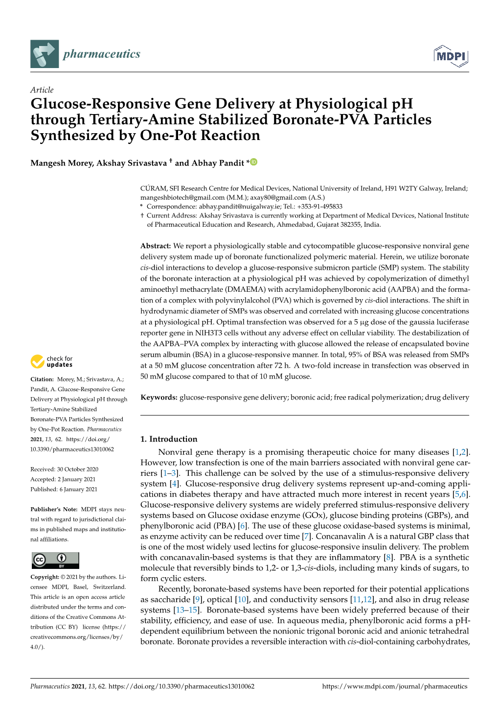 Glucose-Responsive Gene Delivery at Physiological Ph Through Tertiary-Amine Stabilized Boronate-PVA Particles Synthesized by One-Pot Reaction