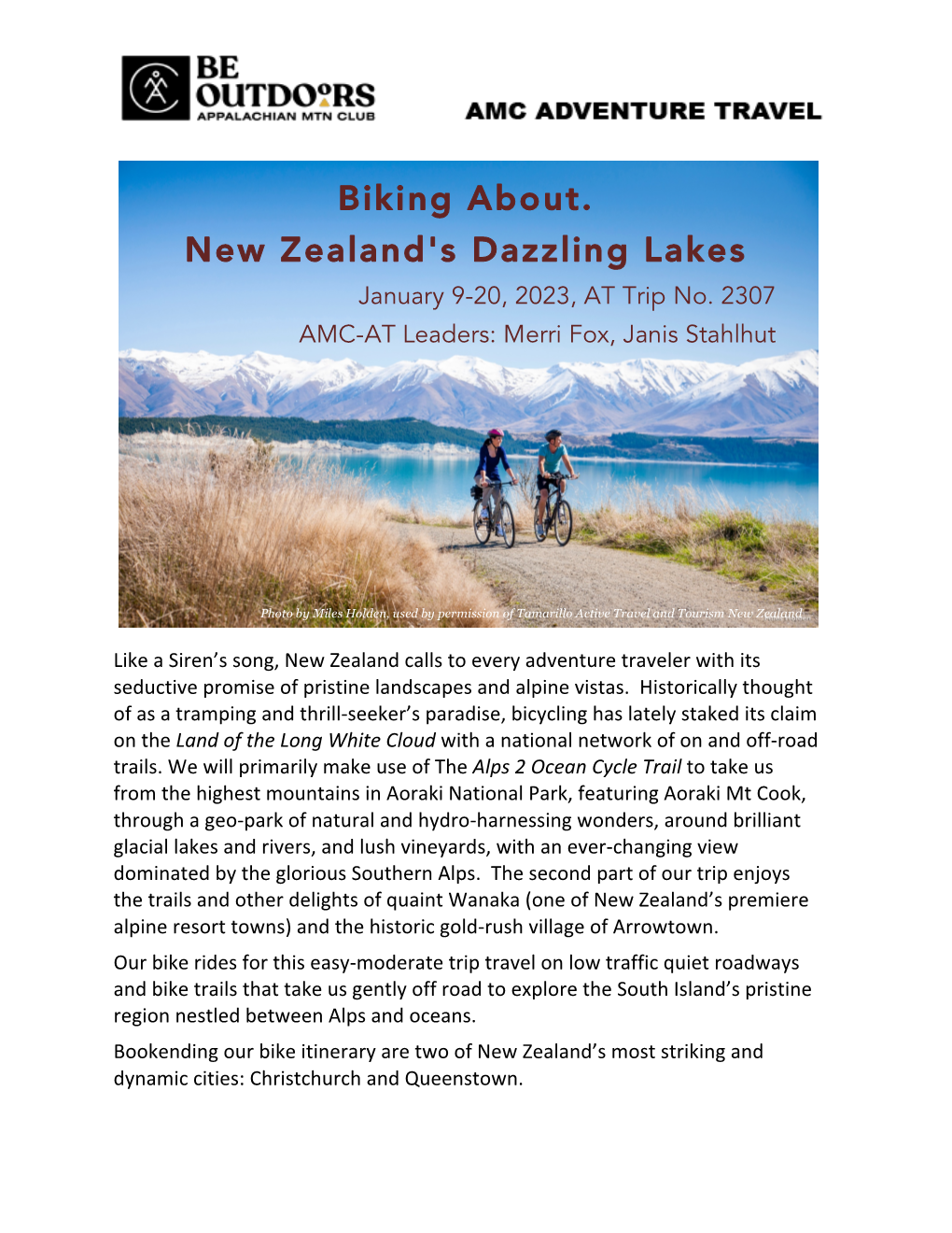 Biking About. New Zealand's Dazzling Lakes January 9-20, 2023, at Trip No