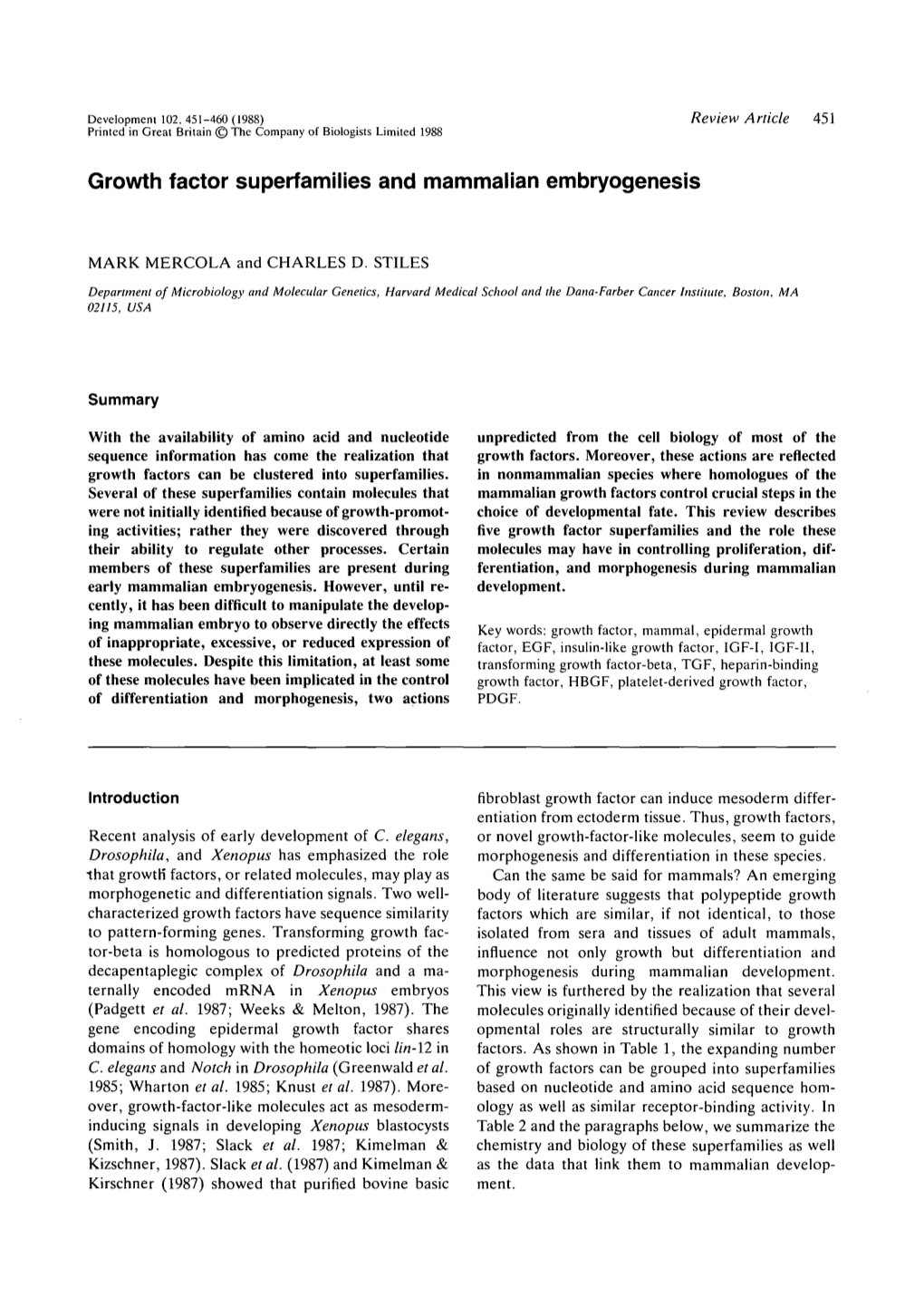 Growth Factor Superfamilies and Mammalian Embryogenesis