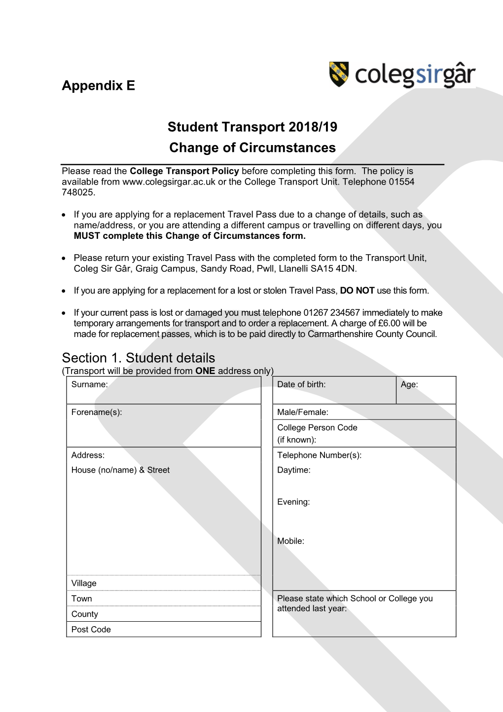 Appendix E Student Transport 2018/19 Change of Circumstances