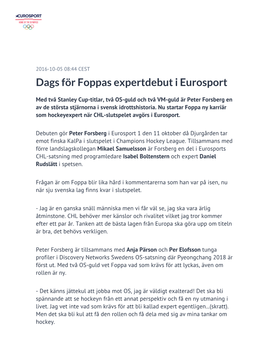 ​Dags För Foppas Expertdebut I Eurosport