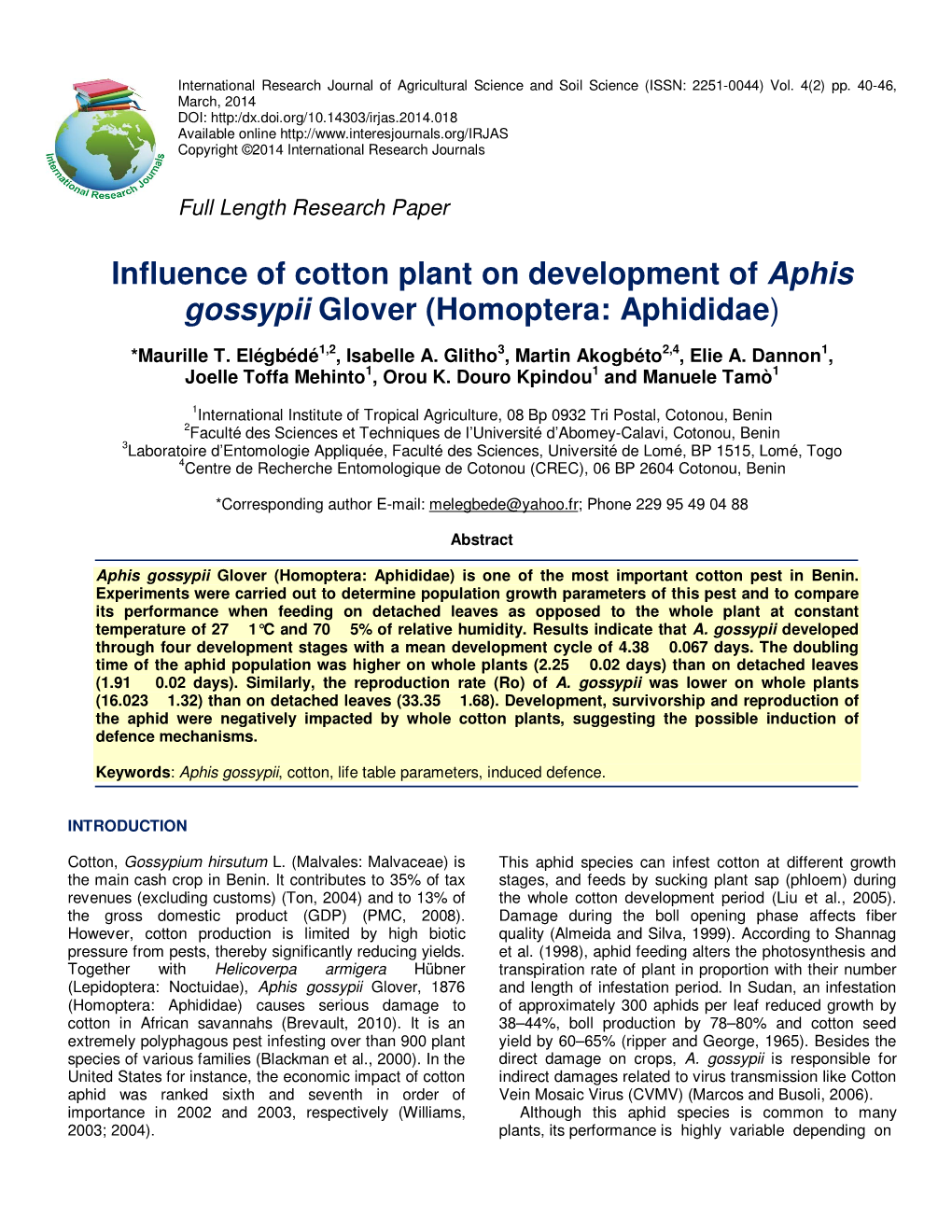 Influence of Cotton Plant on Development of Aphis Gossypii Glover (Homoptera: Aphididae )