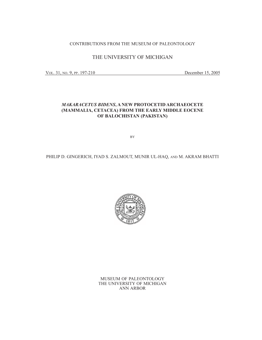 Makaracetus Bidens, a New Protocetid Archaeocete (Mammalia, Cetacea) from the Early Middle Eocene of Balochistan (Pakistan)